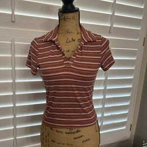 Ultra Flirt Maroon and White Striped Polo Top